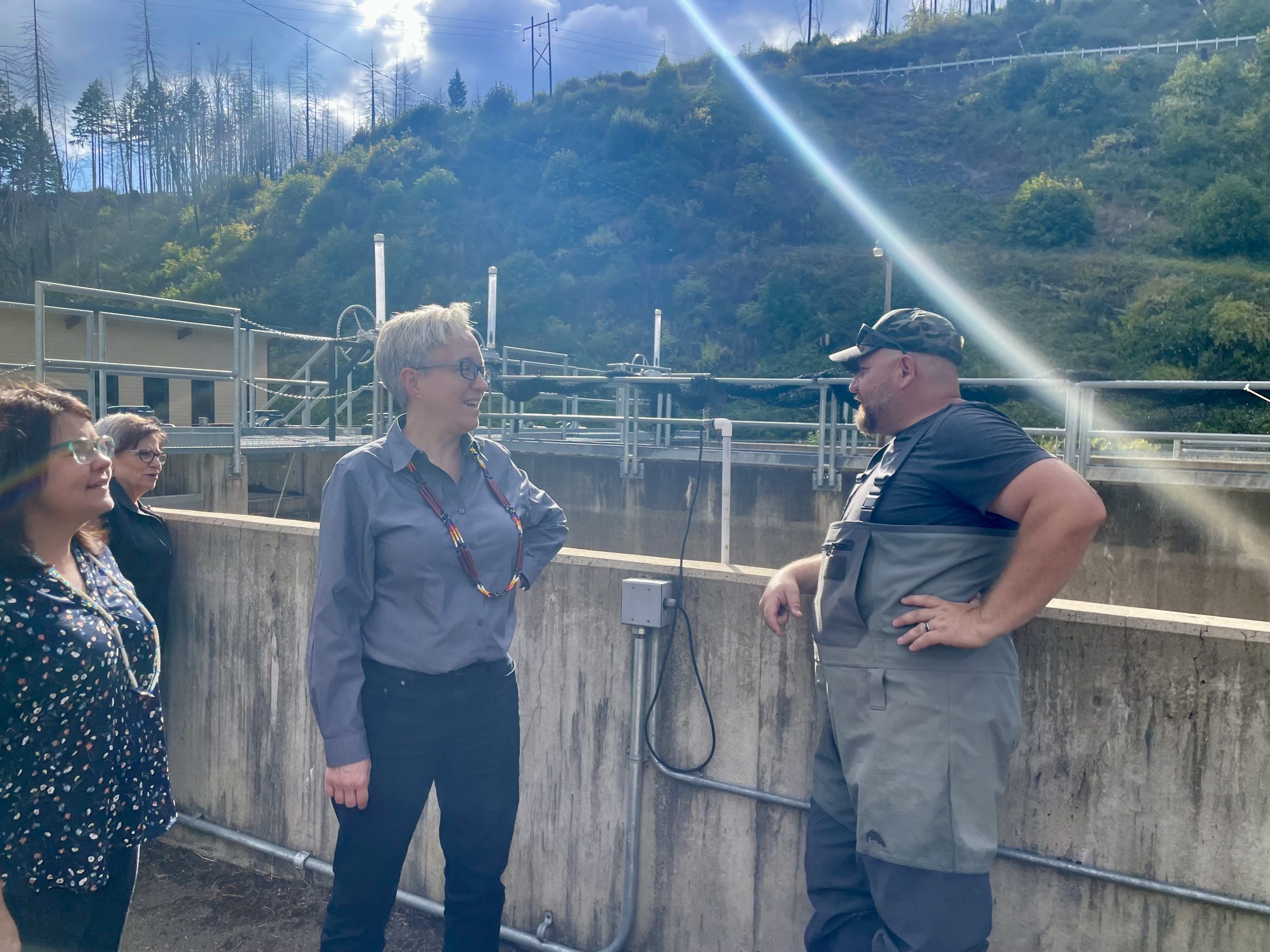 Governor Kotek and Colby Gonzales, CCBUTI Fisheries Manager, discuss Rock Creek Hatchery. Sept. 18, 2024. Cow Creek Band of Umpqua Tribe of Indians