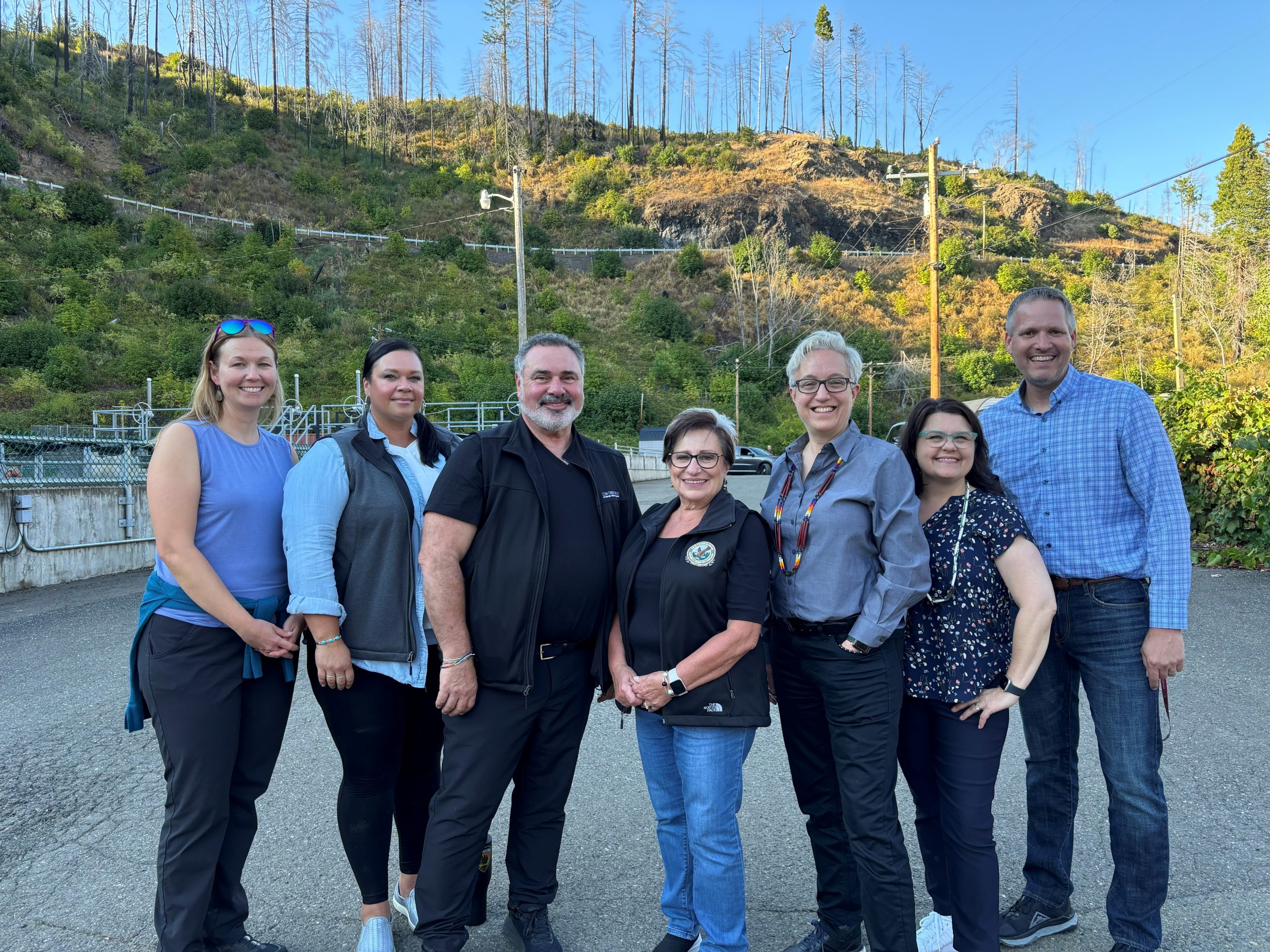 Left to right: CCBUTI Natural Resources Director Kelly Coates, CCBUTI Chief Operations officer Alicia McAuley, CCBUTI Chief Executive Officer Michael Rondeau, CCBUTI Chairman Carla Keene, Oregon Governor Tina Kotek, First Lady Aimee Kotek-Wilson, CCBUTI Land & Resources Officer Jason Robison, Sept. 18, 2024 at Rock Creek Fish Hatchery. Cow Creek Band of Umpqua Tribe of Indians