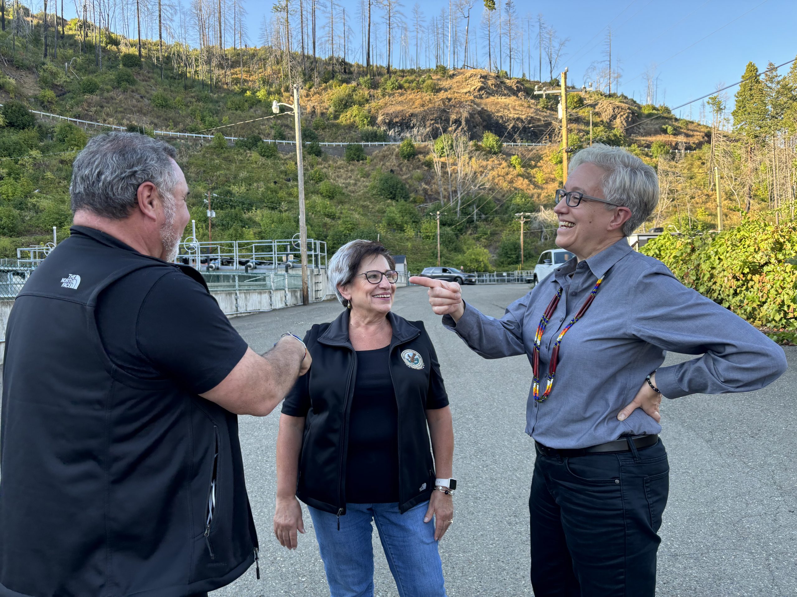 Michael Rondeau, Carla Keene and Governor Tina Kotek Sept. 18, 2024 at Rock Creek Fish Hatchery. Cow Creek Band of Umpqua Tribe of Indians