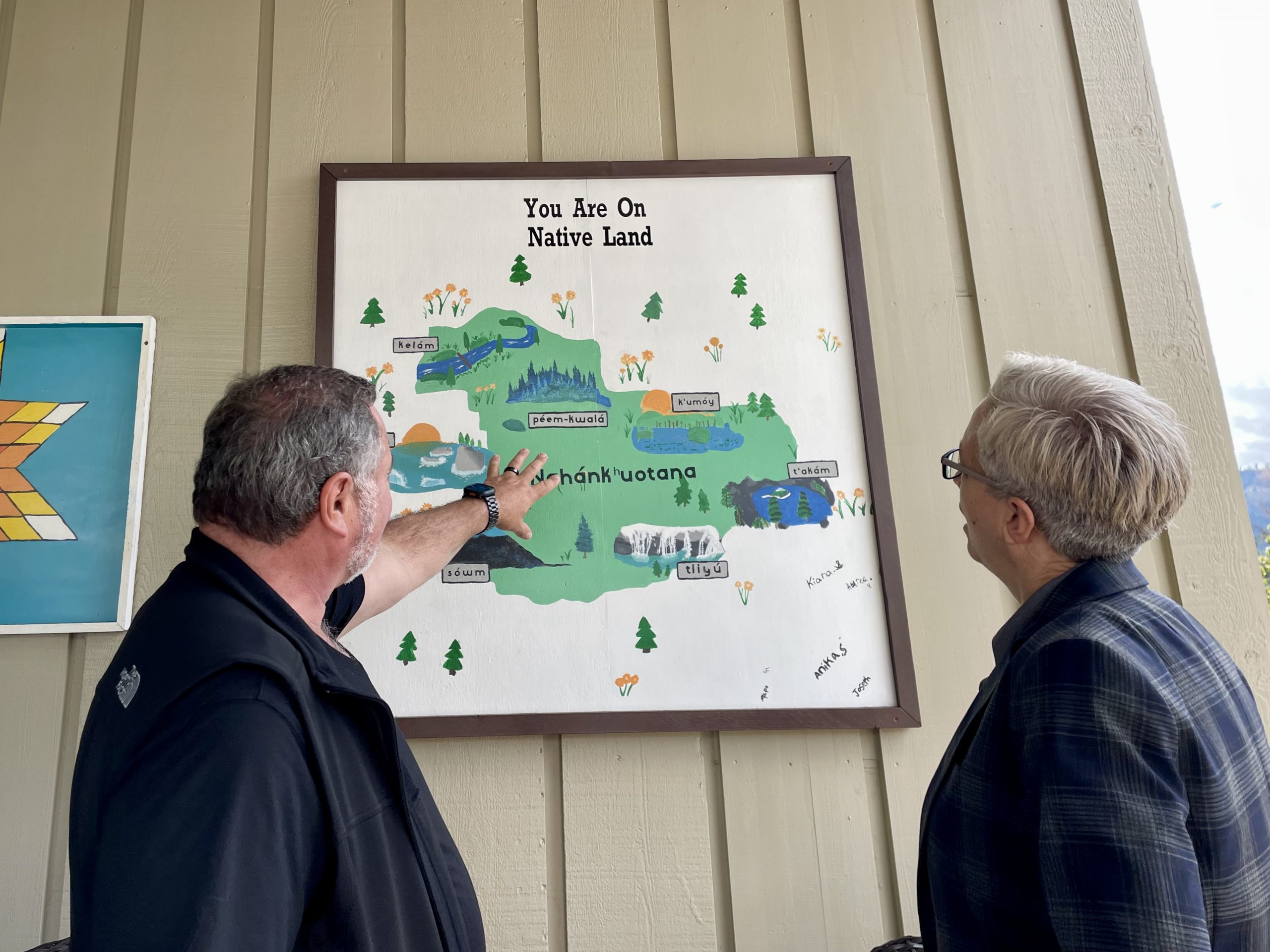 CCBUTI CEO Michael Rondeau explains a map created by Tribal youth while Governor Kotek listens. Sept. 18, 2024. Cow Creek Band of Umpqua Tribe of Indians