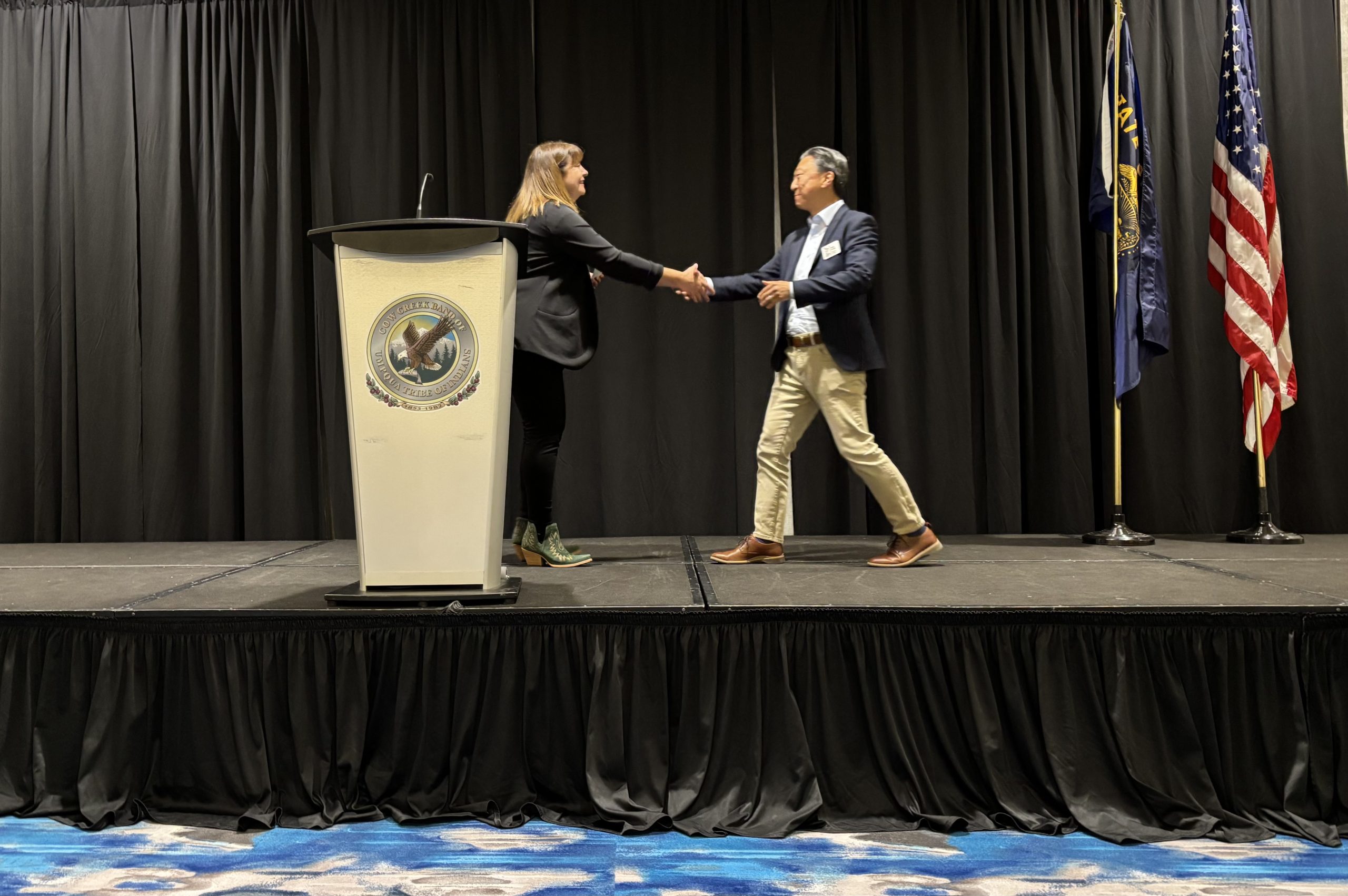 Dozens of people from Southern Oregon non-profits marched onto the stage at Seven Feathers Casino Resort on Tuesday to happily and graciously accept grants from the Cow Creek Umpqua Indian Foundation that will benefit their positive and uplifting work in the community.